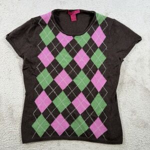 Cashmere Cache Sweater Womens Medium (Fits Small) Brown Argyle 100% Short Sleeve